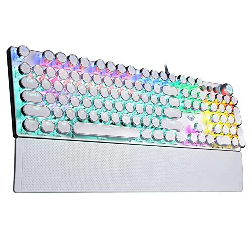 AULA F2088 Typewriter Style Mechanical Gaming Keyboard,Rainbow LED Backlit,Removable Wrist Rest,Media Control Knob,Retro Punk Round Keycaps,USB Wired Computer Keyboard,White 