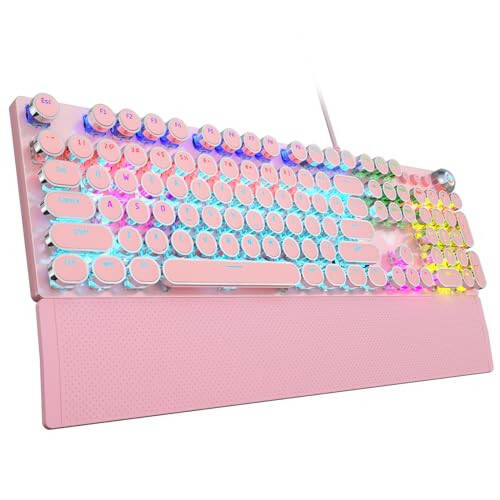 AULA F2088 Typewriter Mechanical Keyboard, Pink Retro Wired Gaming Keyboard with Blue Switches, Rainbow Backlit, Round Keycaps, Media Knob & Removable Wrist Rest - 1