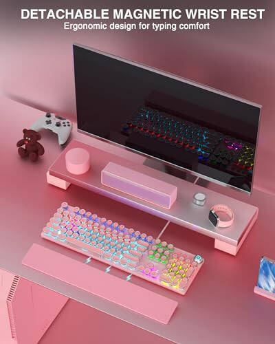 AULA F2088 Typewriter Mechanical Keyboard, Pink Retro Wired Gaming Keyboard with Blue Switches, Rainbow Backlit, Round Keycaps, Media Knob & Removable Wrist Rest - 2