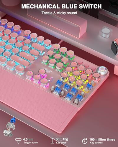 AULA F2088 Typewriter Mechanical Keyboard, Pink Retro Wired Gaming Keyboard with Blue Switches, Rainbow Backlit, Round Keycaps, Media Knob & Removable Wrist Rest - 3