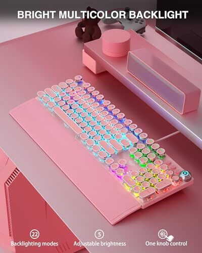 AULA F2088 Typewriter Mechanical Keyboard, Pink Retro Wired Gaming Keyboard with Blue Switches, Rainbow Backlit, Round Keycaps, Media Knob & Removable Wrist Rest - 4