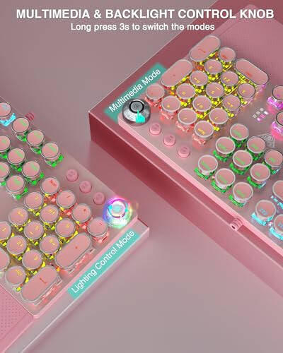 AULA F2088 Typewriter Mechanical Keyboard, Pink Retro Wired Gaming Keyboard with Blue Switches, Rainbow Backlit, Round Keycaps, Media Knob & Removable Wrist Rest - 5