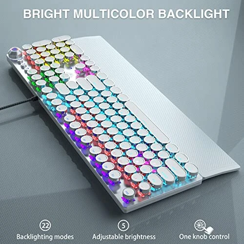 AULA F2088 Typewriter Style Mechanical Gaming Keyboard,Rainbow LED Backlit,Removable Wrist Rest,Media Control Knob,Retro Punk Round Keycaps,USB Wired Computer Keyboard,White - 4