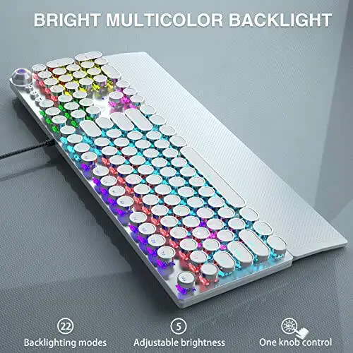 AULA F2088 Typewriter Style Mechanical Gaming Keyboard,Rainbow LED Backlit,Removable Wrist Rest,Media Control Knob,Retro Punk Round Keycaps,USB Wired Computer Keyboard,White - 4