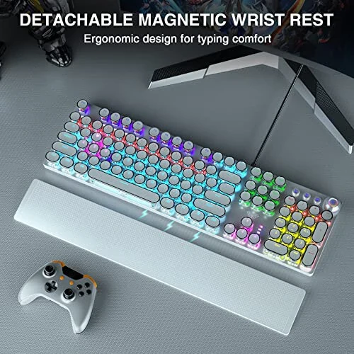 AULA F2088 Typewriter Style Mechanical Gaming Keyboard,Rainbow LED Backlit,Removable Wrist Rest,Media Control Knob,Retro Punk Round Keycaps,USB Wired Computer Keyboard,White - AULA (1)