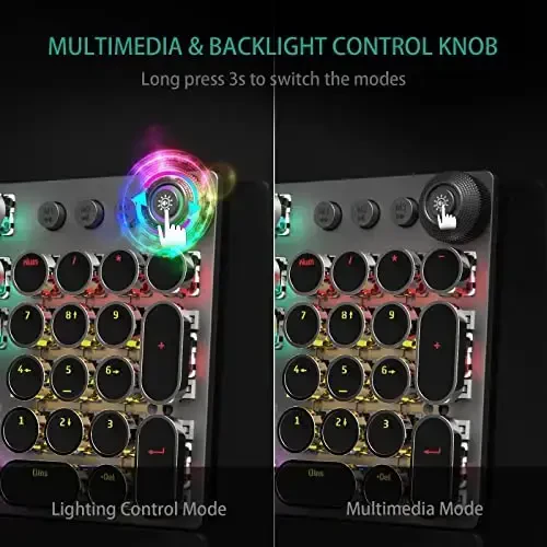 AULA F2088 Yozuv mashinasi uslubidagi mexanik oʻyin klaviaturasi Moviy kalitlar,Kamalak LED yoritgichi,Olinadigan bilak suyanchi,Media boshqaruv tugmasi,Retro Punk dumaloq klavish qopqoqlari,USB simli kompyuter klaviaturasi - 3