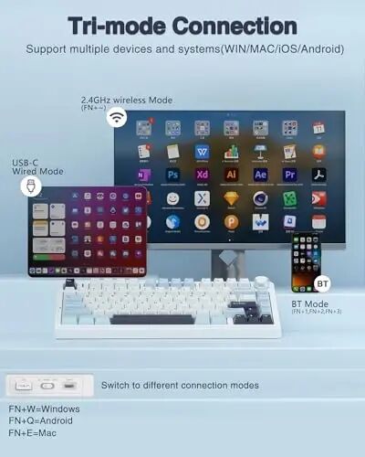 AULA F75 75% Wireless Mechanical Keyboard, Hot Swappable Creamy Keyboard, Pre-lubed Reaper Switches, 2.4GHz/Type-C/BT5.0, RGB Backlit Gaming Keyboards(White & Blue) - 5