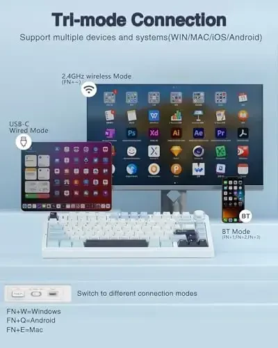 AULA F75 75% Simsiz Mexanik Klaviatura, Gazetli Issiq almashtiriladigan Maxsus Klaviatura, Oldindan yog'langan Reaper Kalitlari RGB Orqa yoritg'ichli O'yin Klaviaturasi, 2.4GHz/Type-C/BT5.0 Mexanik Klaviatura (Oq & Ko'k) - 5