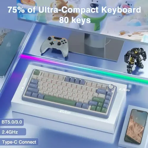 AULA F75 75% Simsiz Mexanik Klaviatura, Issiq Almashtiriladigan Krem Klaviatura, Oldindan Yog'langan O'roqchi Kalitlari RGB Orqa Yoritgichli O'yin Klaviaturalari, 2.4GHz/Type-C/BT5.0(Oq & Yashil) - AULA (1)