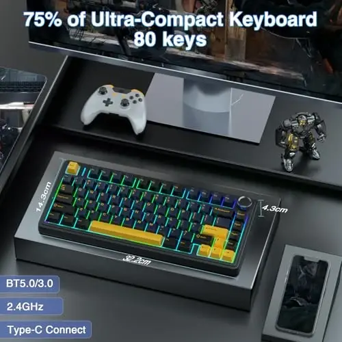 AULA F75 75% simsiz mexanik klaviatura, issiq almashtiriladigan kremli klaviatura, oldindan moylangan Greywood kalitlari RGB yoritgichli oʻyin klaviaturalari, 2,4 GHz/Type-C/BT5.0 (Cool Black) - 2