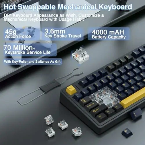 AULA F75 75% simsiz mexanik klaviatura, issiq almashtiriladigan kremli klaviatura, oldindan moylangan Greywood kalitlari RGB yoritgichli oʻyin klaviaturalari, 2,4 GHz/Type-C/BT5.0 (Cool Black) - 4