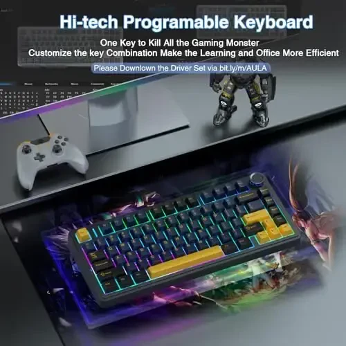AULA F75 75% simsiz mexanik klaviatura, issiq almashtiriladigan kremli klaviatura, oldindan moylangan Greywood kalitlari RGB yoritgichli oʻyin klaviaturalari, 2,4 GHz/Type-C/BT5.0 (Cool Black) - 6