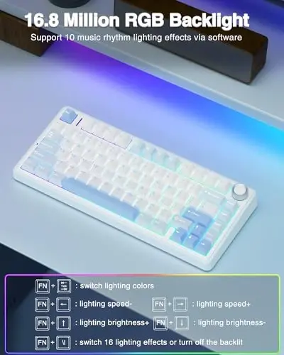 AULA F75 75% simsiz mexanik klaviatura, issiq almashtiriladigan kremsi klaviatura, oldindan moylangan Greywood kalitlari RGB yoritilgan o'yin klaviaturalari, 2,4 GHz/Type-C/BT5.0 (Salt White Blue) - 4