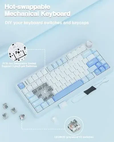 AULA F75 75% simsiz mexanik klaviatura, issiq almashtiriladigan kremsi klaviatura, oldindan moylangan Greywood kalitlari RGB yoritilgan o'yin klaviaturalari, 2,4 GHz/Type-C/BT5.0 (Salt White Blue) - 6
