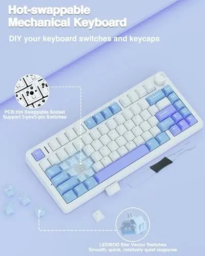 AULA F75 75% Simsiz mexanik klaviatura, issiq almashtiriladigan qaymoqli klaviatura, oldindan moylangan Star Vector kalitlari RGB yoritgichli oʻyin klaviaturalari, 2.4GHz/Type-C/BT5.0 (Oq&Koʻk&Binafsha) - 5