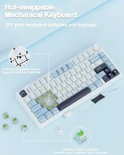 AULA F75 75% Wireless Mechanical Keyboard, Gasket Hot Swappable Custom Keyboard, Pre-lubed Reaper Switches RGB Backlit Gaming Keyboard, 2.4GHz/Type-C/BT5.0 Mechanical Keyboard (White & Blue) 