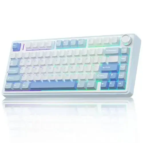 AULA F75 75% Wireless Mechanical Keyboard, Hot Swappable Creamy Keyboard, Pre-lubed Greywood Switches RGB Backlit Gaming Keyboards, 2.4GHz/Type-C/BT5.0(Salt White Blue) 