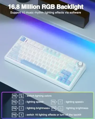 AULA F75 75% Wireless Mechanical Keyboard, Hot Swappable Creamy Keyboard, Pre-lubed Greywood Switches RGB Backlit Gaming Keyboards, 2.4GHz/Type-C/BT5.0(Salt White Blue) - 4