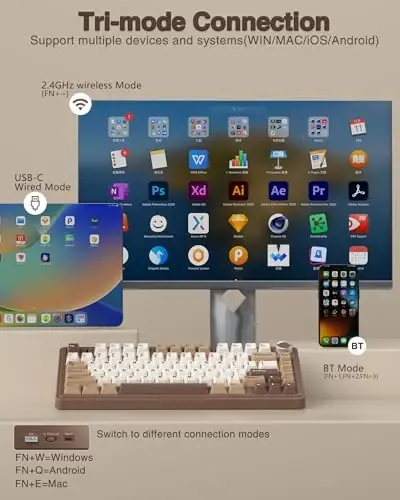 AULA F75 75% Wireless Mechanical Keyboard, Hot Swappable Creamy Keyboard, Pre-lubed Linear Switches, 2.4GHz/Type-C/BT5.0, RGB Backlit Gaming Keyboards(White&Brown) - 3