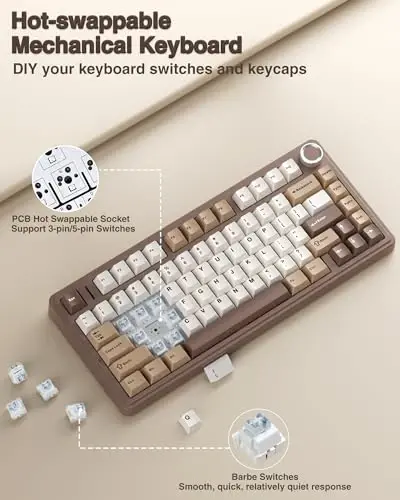 AULA F75 75% Wireless Mechanical Keyboard, Hot Swappable Creamy Keyboard, Pre-lubed Linear Switches, 2.4GHz/Type-C/BT5.0, RGB Backlit Gaming Keyboards(White&Brown) - 4