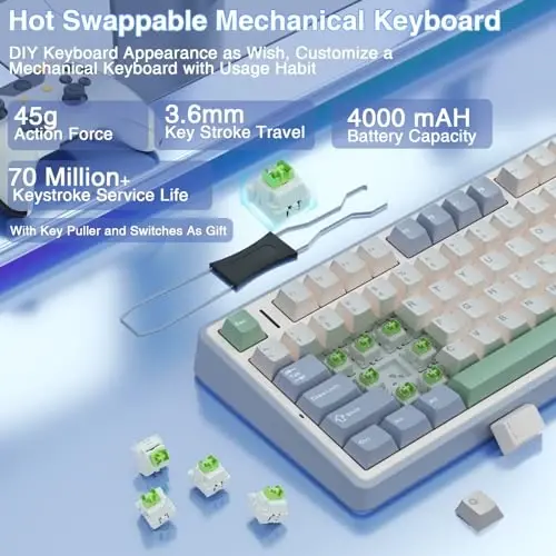 AULA F75 75% Wireless Mechanical Keyboard, Hot Swappable Creamy Keyboard, Pre-lubed Reaper Switches RGB Backlit Gaming Keyboards, 2.4GHz/Type-C/BT5.0(White & Green) - 4