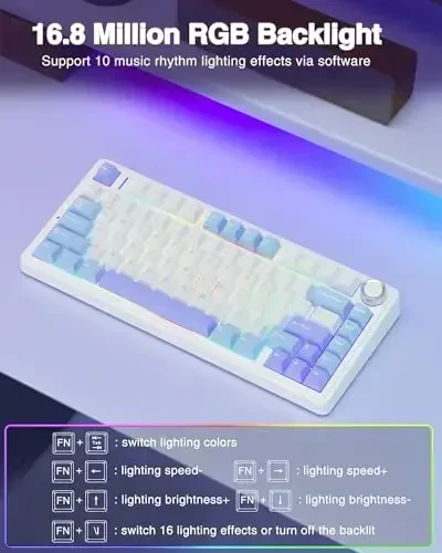 AULA F75 75% Wireless Mechanical Keyboard, Hot Swappable Creamy Keyboard, Pre-lubed Star Vector Switches RGB Backlit Gaming Keyboards, 2.4GHz/Type-C/BT5.0(White&Blue&Purple) - 6