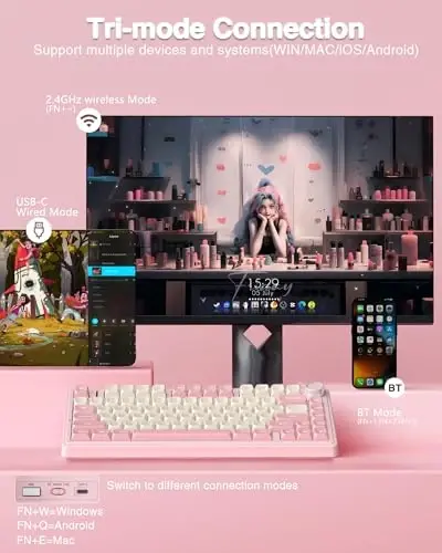AULA F75 75% Wireless Mechanical Keyboard, Hot Swappable Pink Creamy Keyboard, Pre-lubed Linear Switches, PBT Keycaps, 2.4GHz/Type-C/BT5.0, RGB Backlit Computer Gaming Keyboards for Office/Laptop/PC - 3