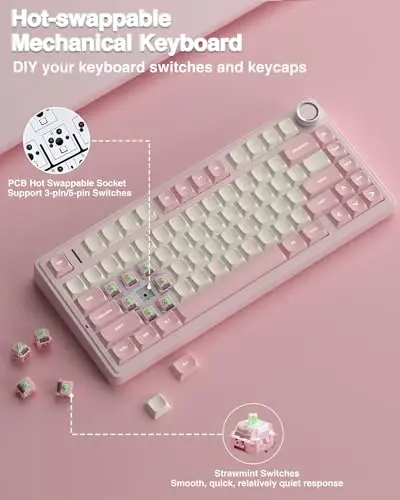 AULA F75 75% Wireless Mechanical Keyboard, Hot Swappable Pink Creamy Keyboard, Pre-lubed Linear Switches, PBT Keycaps, 2.4GHz/Type-C/BT5.0, RGB Backlit Computer Gaming Keyboards for Office/Laptop/PC - 5