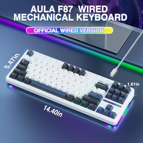 AULA F87 Kablolu Oyun Klavyesi, 75% TKL Contalı Değiştirilebilir Özel Klavye, Çıkarılabilir USB Kablosuyla, Önceden Yağlanmış Greywood Anahtarlar, WINS/PC/Mac İçin RGB Arka Aydınlatmalı Mekanik Oyun Klavyesi (Beyaz Mavi) - 2