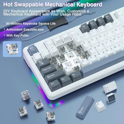 AULA F87 Wired Gaming Keyboard, 75% TKL Gasket Hot Swappable Custom Keyboard with Detachable USB Cable, Pre-lubed Greywood Switches, RGB Backlit Mechanical Gaming Keyboard for WINS/PC/Mac (White Blue) - 5