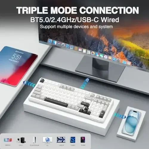 AULA F99 Беспроводная механическая клавиатура, трехрежимная BT5.0/2.4GHz/USB-C с возможностью горячей замены, предварительно смазанные линейные переключатели, RGB-подсветка для ПК/планшета/PS/Xbox - 6