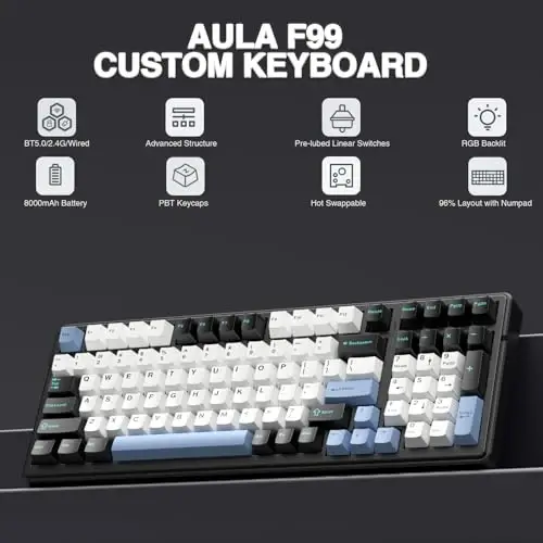 AULA F99 simsiz mexanik klaviatura, Tri-Mode BT5.0/2.4GHz/USB-C issiq almashtiriladigan moslashtirilgan klaviatura, oldindan moylangan chiziqli kalitlar, RGB yoritgichli o'yin klaviaturalari PC/planshet/Xbox/PS4/PS5 uchun - 2