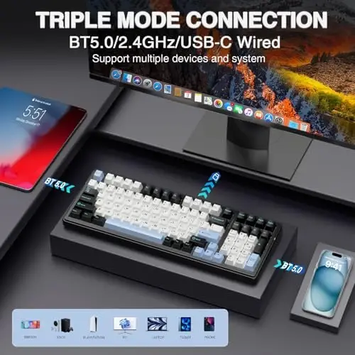 AULA F99 simsiz mexanik klaviatura, Tri-Mode BT5.0/2.4GHz/USB-C issiq almashtiriladigan moslashtirilgan klaviatura, oldindan moylangan chiziqli kalitlar, RGB yoritgichli o'yin klaviaturalari PC/planshet/Xbox/PS4/PS5 uchun - 3