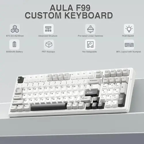 AULA F99 Simsiz Mexanik Klaviatura, Tri-Rejim BT5.0/2.4GHz/USB-C Issiq Almashtiriladigan Maxsus Klaviatura, Oldindan Yog'langan Chiziqli Kalitlar, RGB Orqa Yorug'likli Kompyuter O'yin Klaviaturalari PC/Planshet/PS/Xbox uchun - AULA (1)