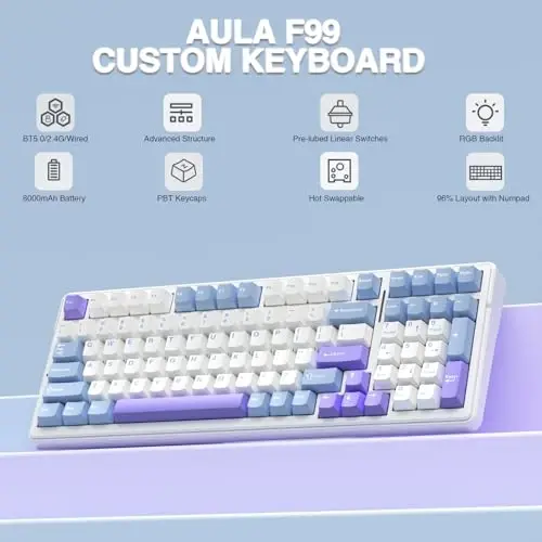 AULA F99 Simsiz Mexanik Klaviatura, Uch Modli BT5.0/2.4GHz/USB-C Issiq Almashtiriladigan Maxsus Klaviatura, Oldindan Yog'langan Chiziqli Kalitlar, Gasket Tuzilishi, RGB Orqa Yorug'likli O'yin Klaviatura PC/Planshet/Xbox/PS4/PS5 uchun - AULA (1)