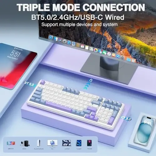 AULA F99 Simsiz Mexanik Klaviatura, Uch Modli BT5.0/2.4GHz/USB-C Issiq Almashtiriladigan Maxsus Klaviatura, Oldindan Yog'langan Chiziqli Kalitlar, Gasket Tuzilishi, RGB Orqa Yorug'likli O'yin Klaviatura PC/Planshet/Xbox/PS4/PS5 uchun - 3