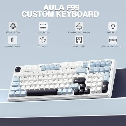 AULA F99 Wireless Mechanical Keyboard, Hot Swappable Custom Keyboard, Pre-lubed Linear Switches, Gasket Structure, RGB Backlit Gaming Keyboard (Blue & White) - 2