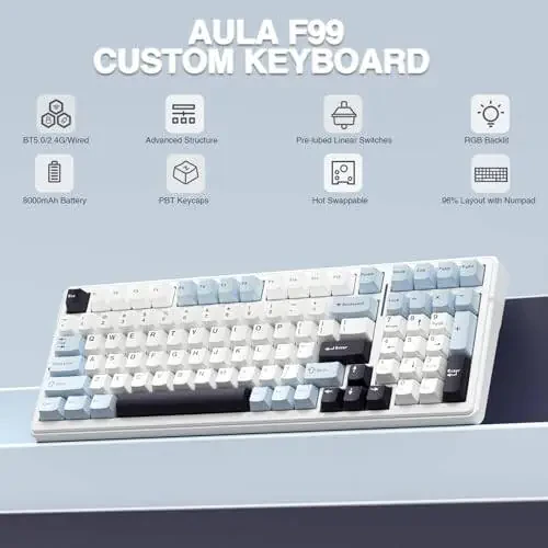 AULA F99 Wireless Mechanical Keyboard, Hot Swappable Custom Keyboard, Pre-lubed Linear Switches, Gasket Structure, RGB Backlit Gaming Keyboard (Blue & White) - 4