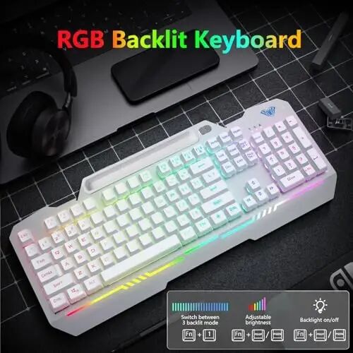 AULA Gaming Keyboard, T102 104 Keys Keyboard and Mouse Combo, USB Wired Computer Keyboards Mechanical Feel Full Size, RGB Backlit for PC/Laptop Gaming or Working/Office (White) - AULA (1)
