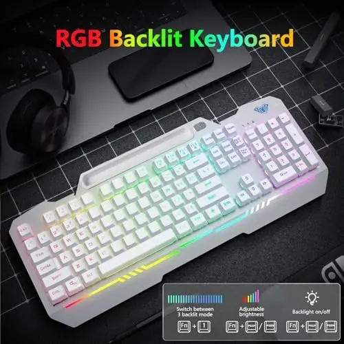 AULA Gaming Keyboard, T102 104 Keys Keyboard and Mouse Combo, USB Wired Computer Keyboards Mechanical Feel Full Size, RGB Backlit for PC/Laptop Gaming or Working/Office (White) - AULA (1)