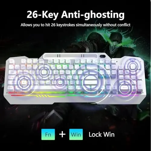 AULA Gaming Keyboard, T102 104 Keys Keyboard and Mouse Combo, USB Wired Computer Keyboards Mechanical Feel Full Size, RGB Backlit for PC/Laptop Gaming or Working/Office (White) - 4