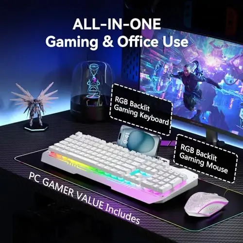 AULA Gaming Keyboard, T102 104 Keys Keyboard and Mouse Combo, USB Wired Computer Keyboards Mechanical Feel Full Size, RGB Backlit for PC/Laptop Gaming or Working/Office (White) - 6