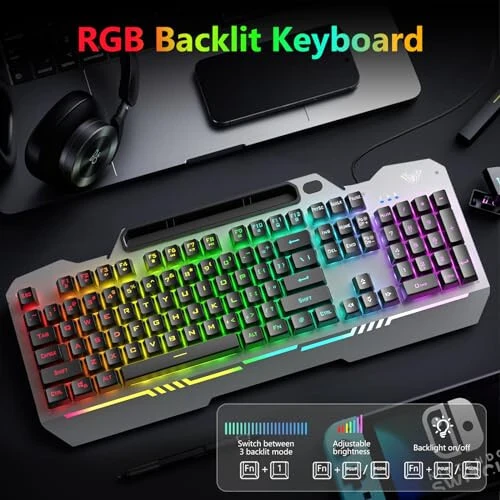 AULA Keyboard, T102 104 Keys Gaming Keyboard and Mouse Combo with RGB Backlit Number Pad, All-Metal Panel Waterproof Light Up PC Keyboard,USB Wired Computer Keyboards Gaming for Win XP/7/8/10 PC Gamer - MODAZONE (1)