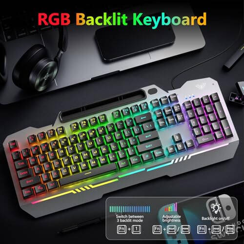 AULA Keyboard, T102 104 Keys Gaming Keyboard and Mouse Combo with RGB Backlit Number Pad, All-Metal Panel Waterproof Light Up PC Keyboard,USB Wired Computer Keyboards Gaming for Win XP/7/8/10 PC Gamer - 2