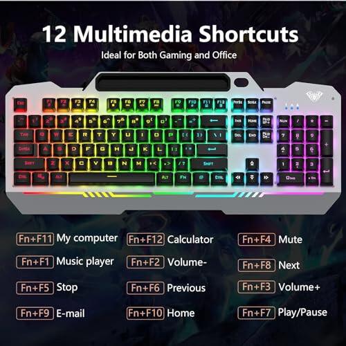 AULA Keyboard, T102 104 Keys Gaming Keyboard and Mouse Combo with RGB Backlit Number Pad, All-Metal Panel Waterproof Light Up PC Keyboard,USB Wired Computer Keyboards Gaming for Win XP/7/8/10 PC Gamer - 6