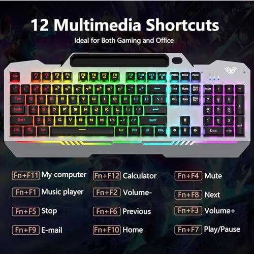 AULA Keyboard, T102 104 Keys Gaming Keyboard and Mouse Combo with RGB Backlit Number Pad, All-Metal Panel Waterproof Light Up PC Keyboard,USB Wired Computer Keyboards Gaming for Win XP/7/8/10 PC Gamer - 6