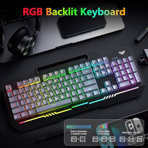 AULA Klavye, T102 104 Tuşlu Oyun Klavyesi ve Fare Kombosu RGB Arka Aydınlatmalı PC Klavye, Tüm Metal Panel Su Geçirmez Aydınlatmalı Sessiz Bilgisayar Klavyesi, USB Kablolu Klavye MAC Xbox PC Oyuncuları İçin - 2