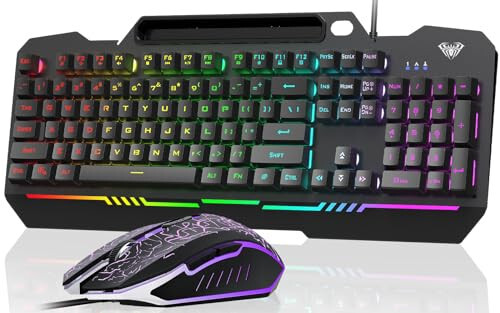 AULA O'yin Klaviaturasi, T102 104 Tugmali O'yin Klaviaturasi va Sichqoncha Kombosu, RGB Orqa Fon Yoritishli, To'liq Metall Panel, Anti-Ghosting, PC O'yin Klaviaturasi va Sichqonchasi, USB Simli Klaviatura Sichqoncha MAC Xbox PC O'yinchilari Uchun - AULA