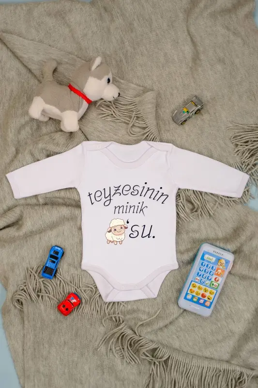 Aunt's Lamb Printed Long Sleeve Cotton Bodysuit - White - BEBETOSPIK