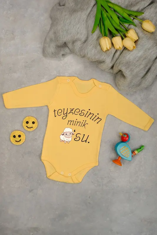 Aunt's Lamb Printed Long Sleeve Cotton Bodysuit-Yellow - 1